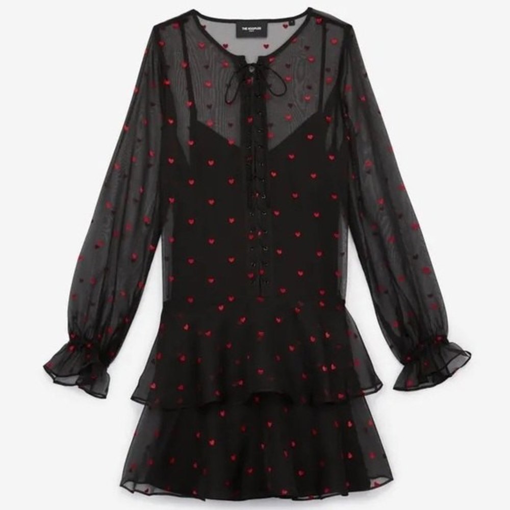 The Kooples Mini Long Sleeve Black Dress With Heart Pattern And Lace